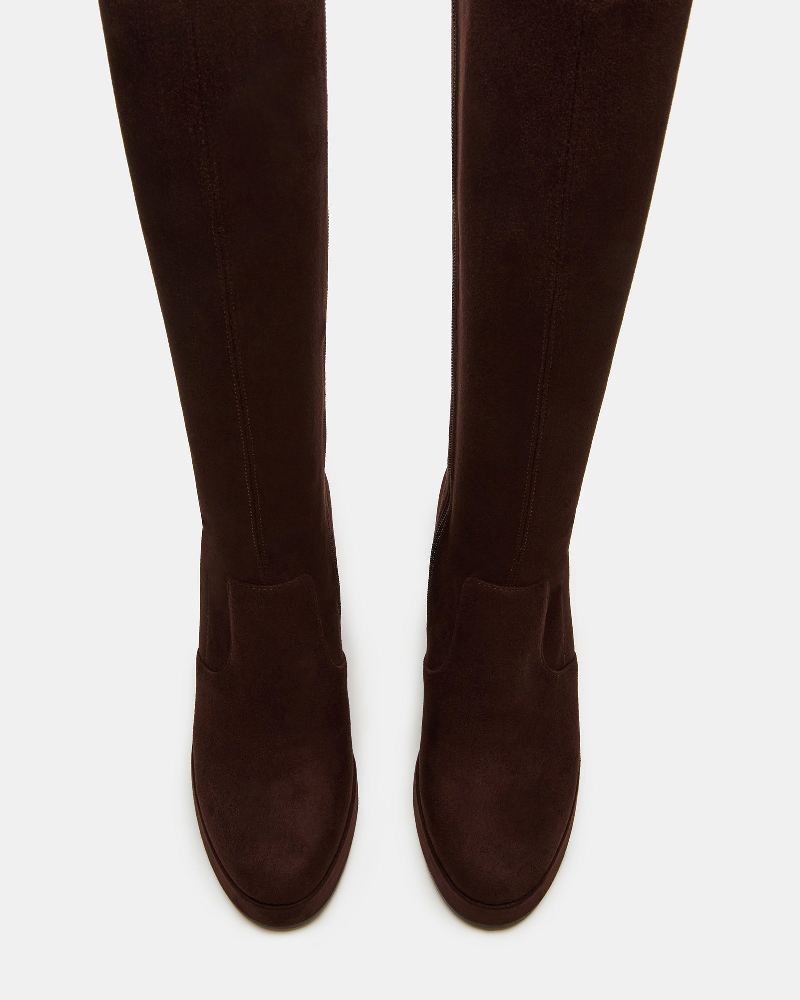 Front view of stylish brown knee-high boots for women with rounded toe