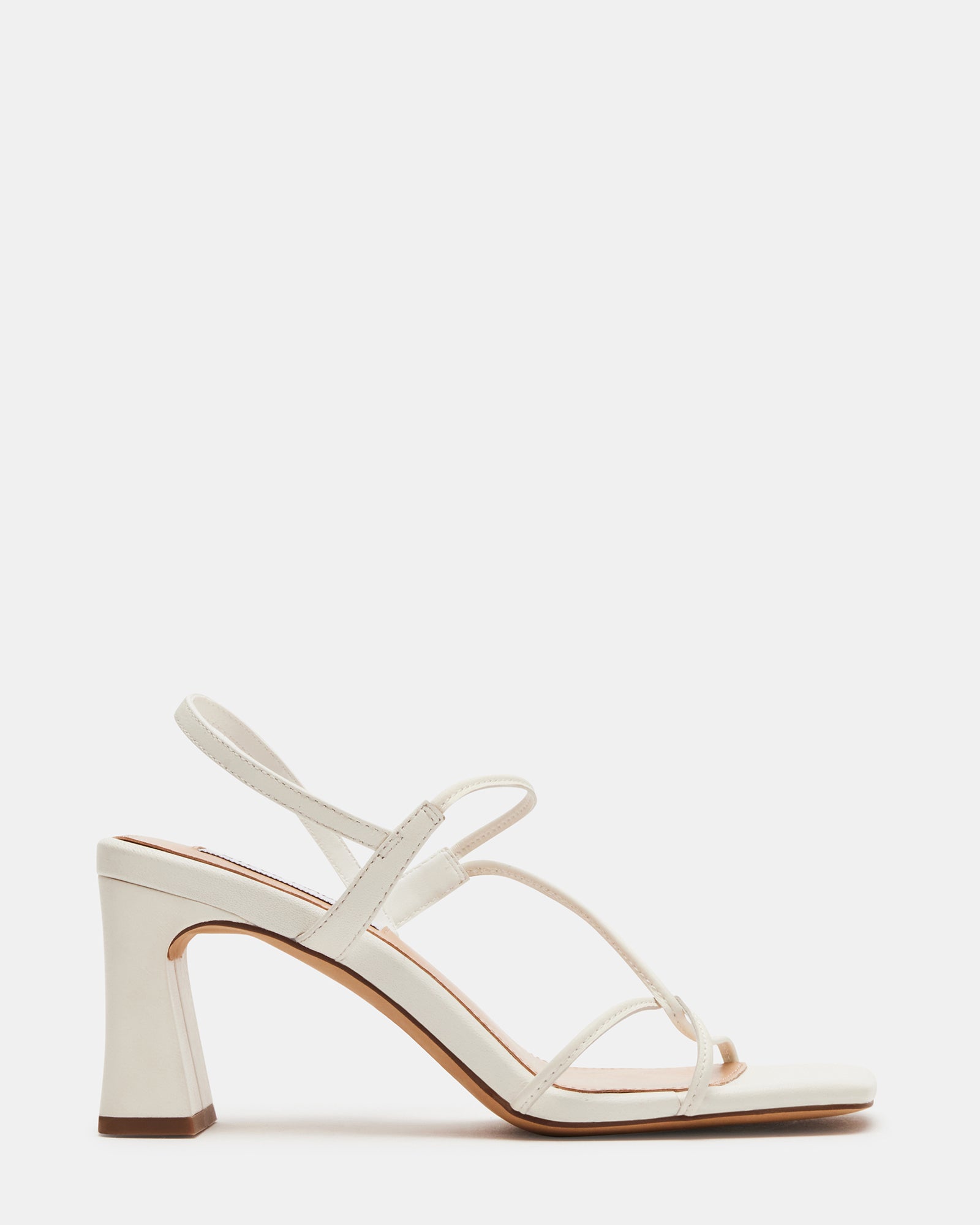 Elegant Valora white kitten heels angle view on display.