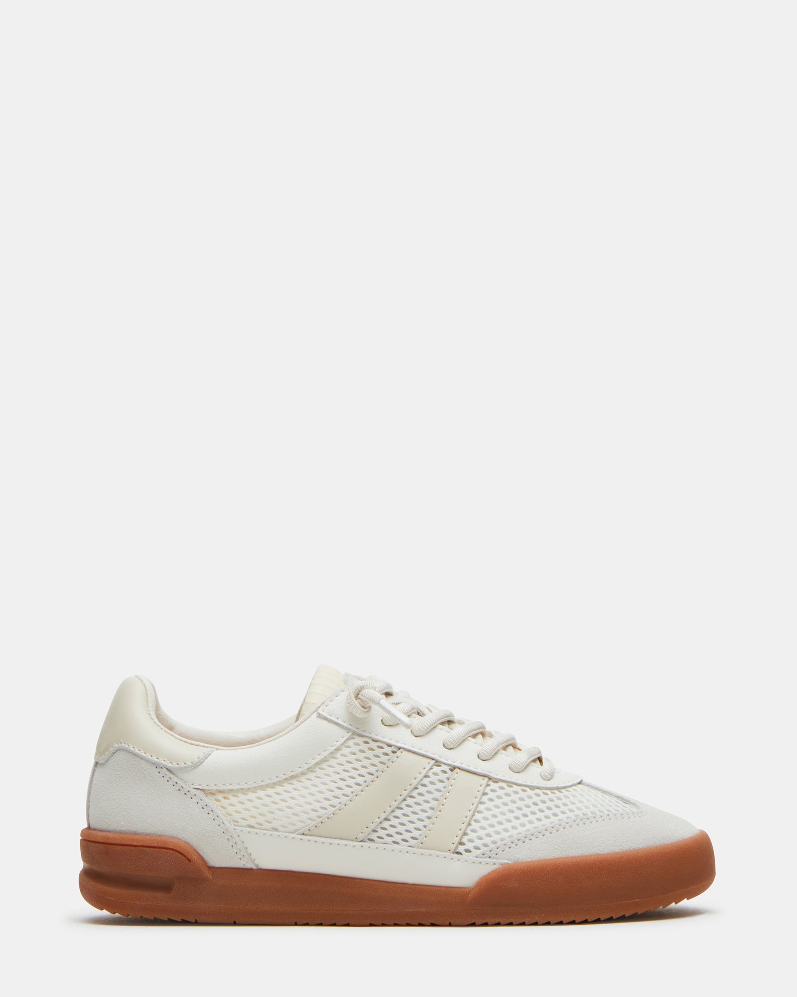 Side view of stylish white leather sneakers with platform heel for casual wear