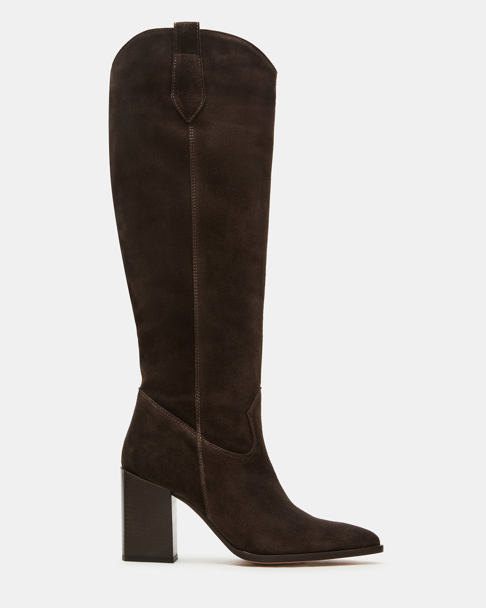 Side view of chic brown suede knee-high boots showcasing the pointed toe and block heel.
