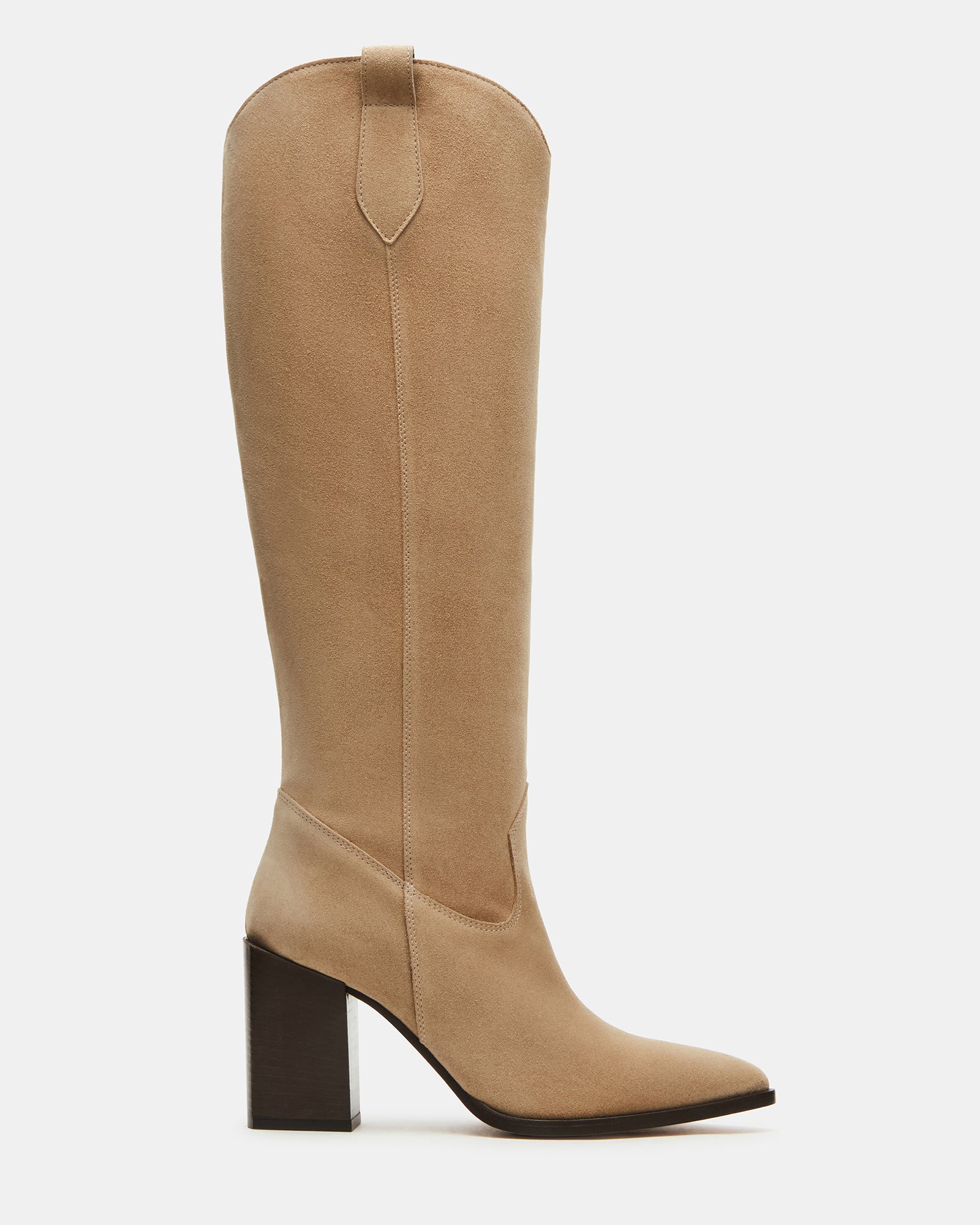Taupe suede boots side profile showing pointed toe and knee-high shaft