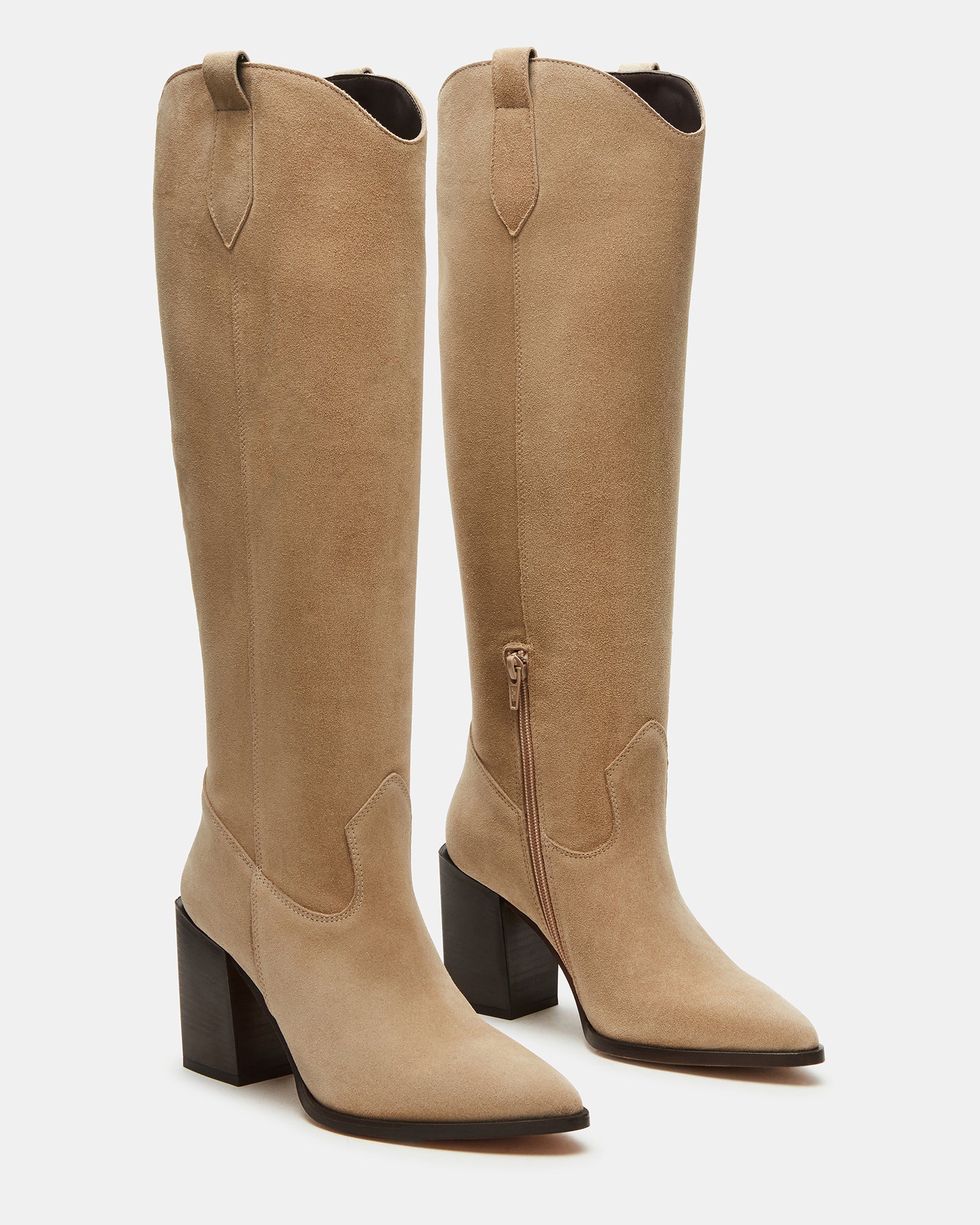 Close-up of block heel and suede texture on Vesey boots