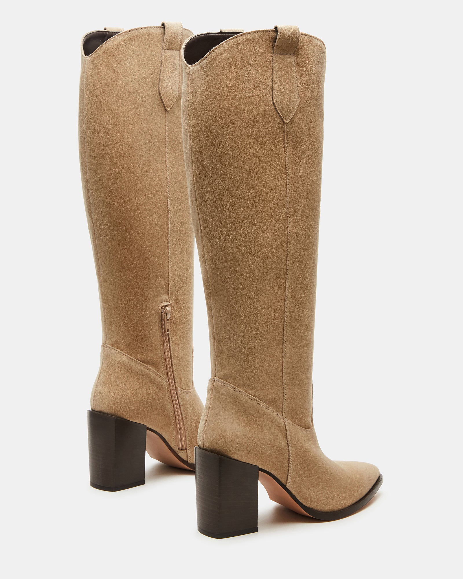 Close-up of block heel and suede texture on Vesey boots