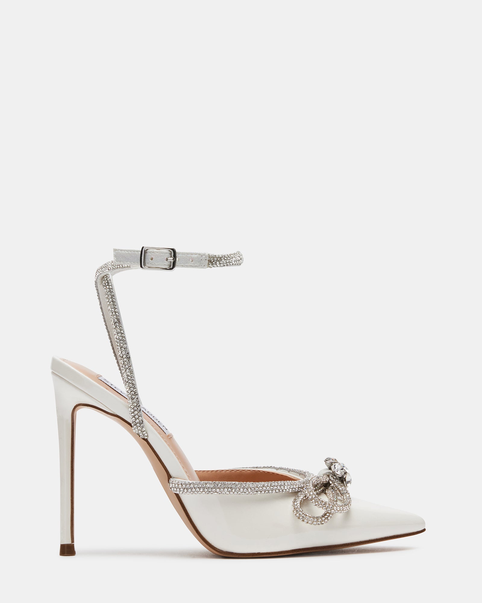 Elegant off-white rhinestone stiletto heels from the side.