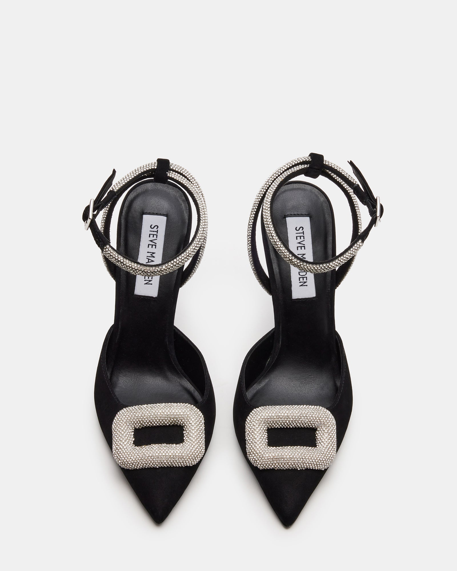 Close-up of the embellished ankle strap with rhinestones on Vienna Black heels
