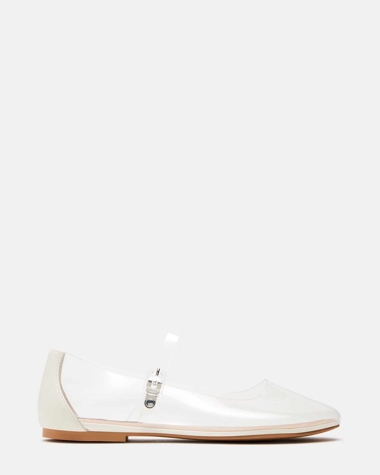 Vinetta Clear vegan Mary Jane shoes from the side, highlighting the buckle strap.