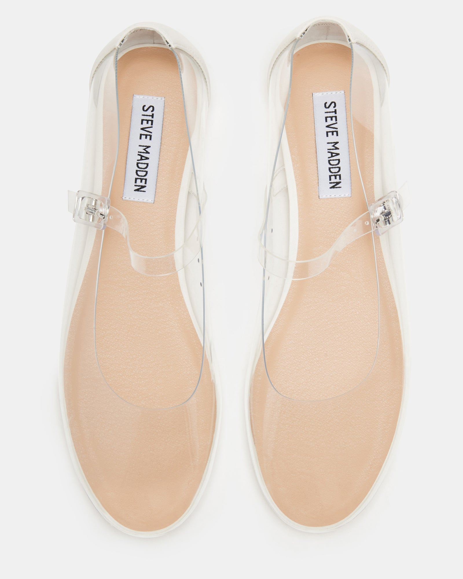 Close-up of the Vinetta Clear shoes showing the PVC and vegan leather material.
