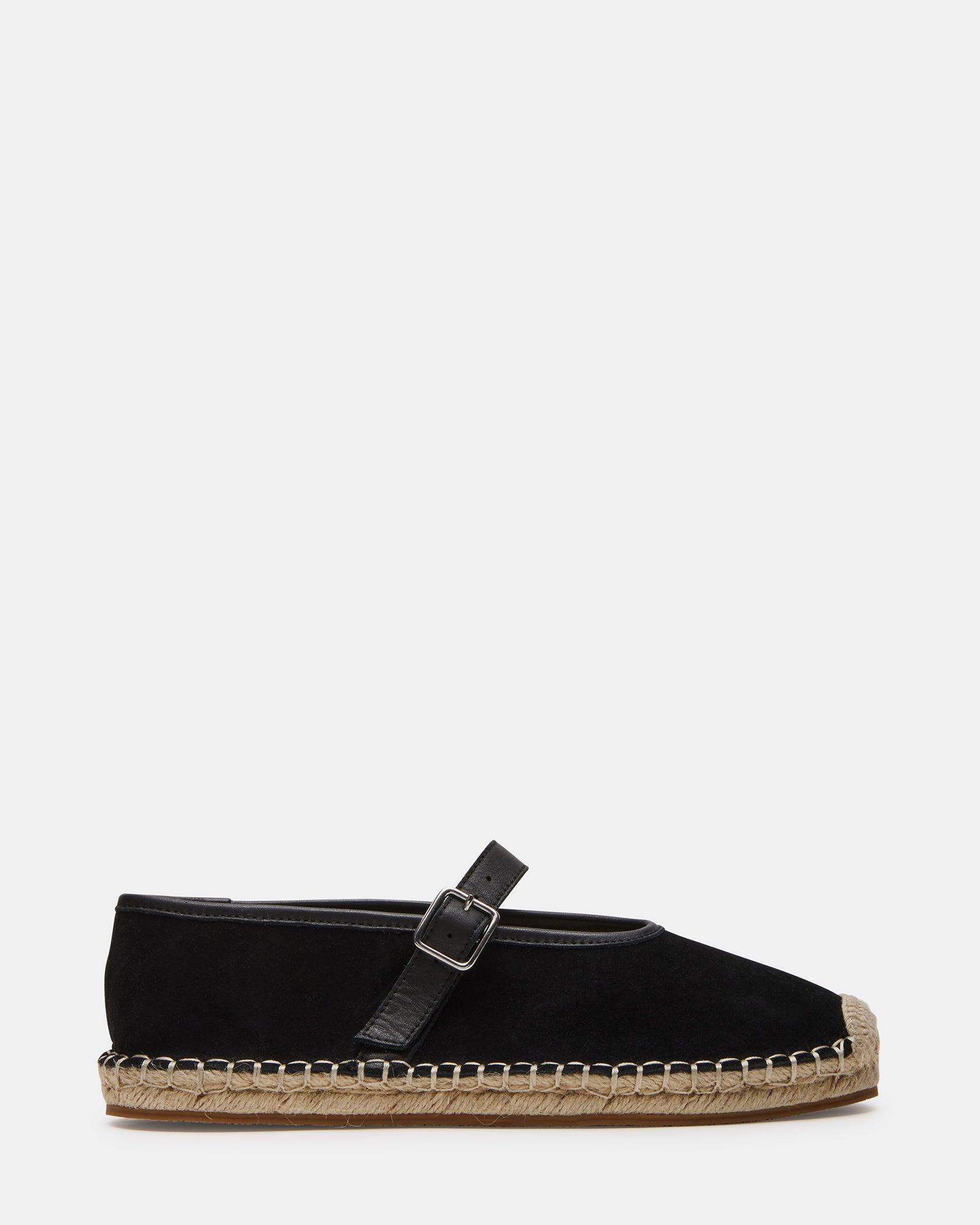 Viva Black Suede Mary Jane espadrilles from the side, highlighting the rounded toe.