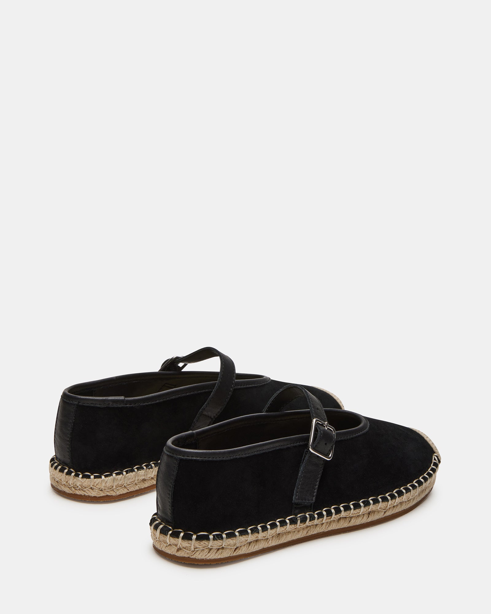 Close-up of the black suede flats, showing the soft texture and design.