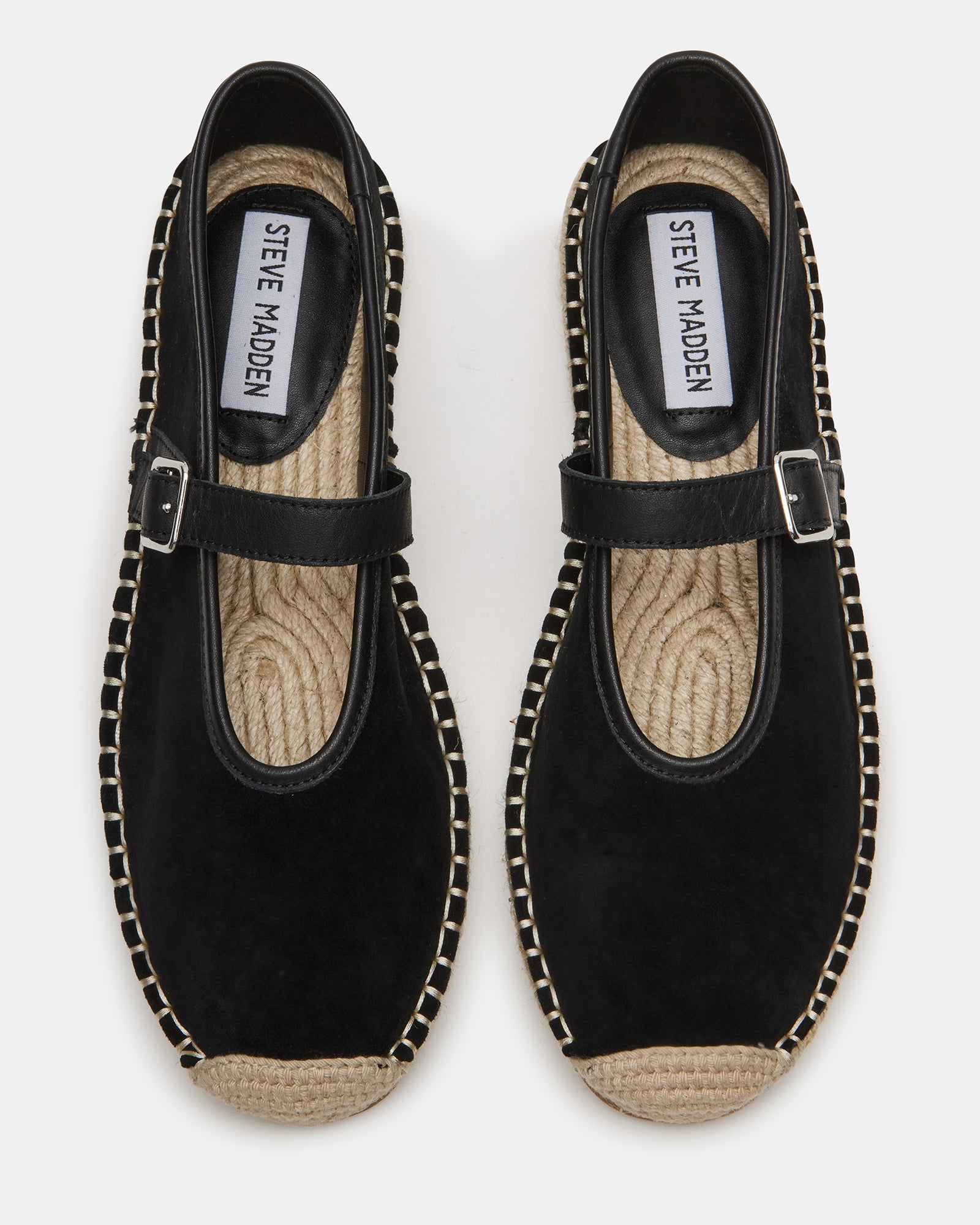 Viva Black Suede Mary Jane espadrilles from the side, highlighting the rounded toe.