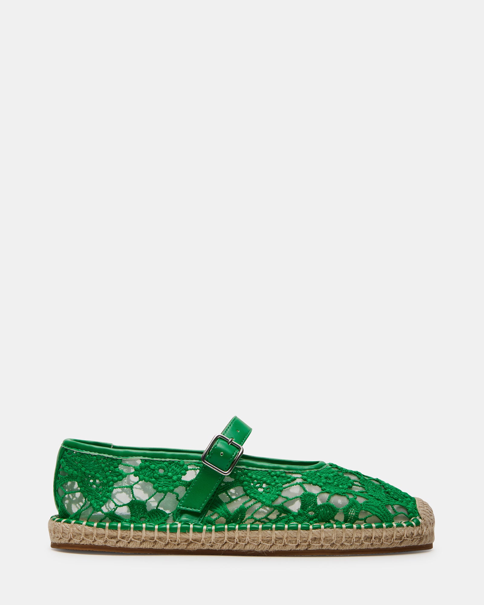 Side view of Viva Green Mary Jane flats, highlighting the rounded toe design.