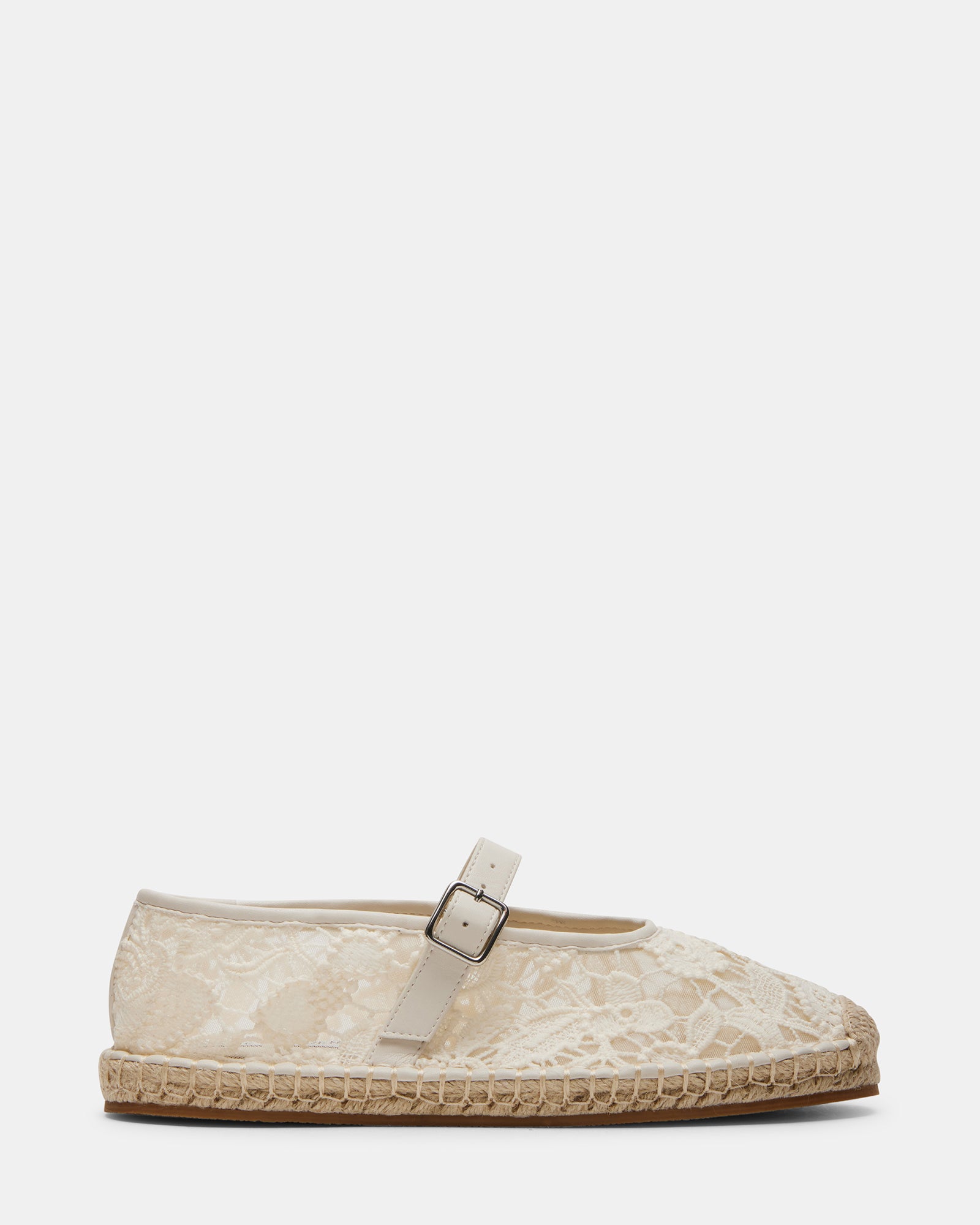 Side view of VIVA white lace mary jane flats showcasing the espadrille-style sole