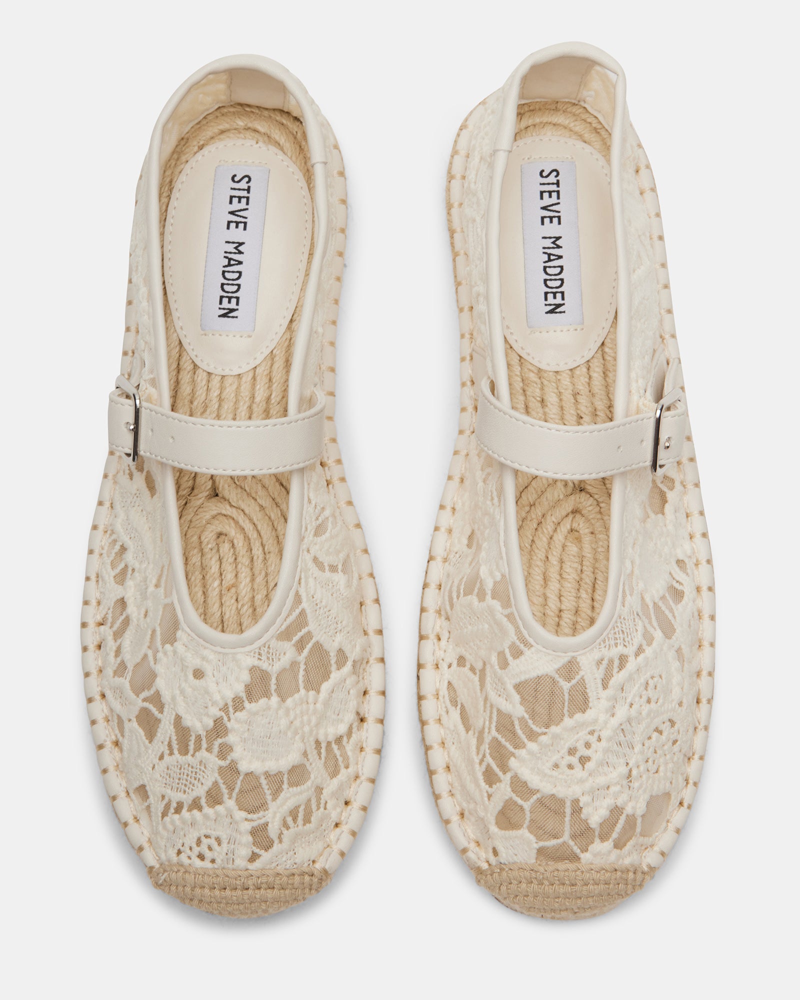 Side view of VIVA white lace mary jane flats showcasing the espadrille-style sole
