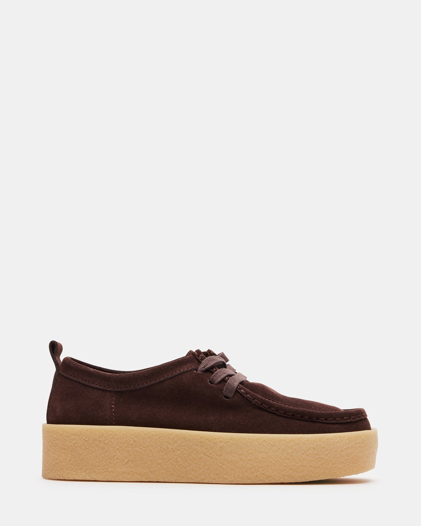 Side view of brown suede platform loafers for women, perfect for city outings.