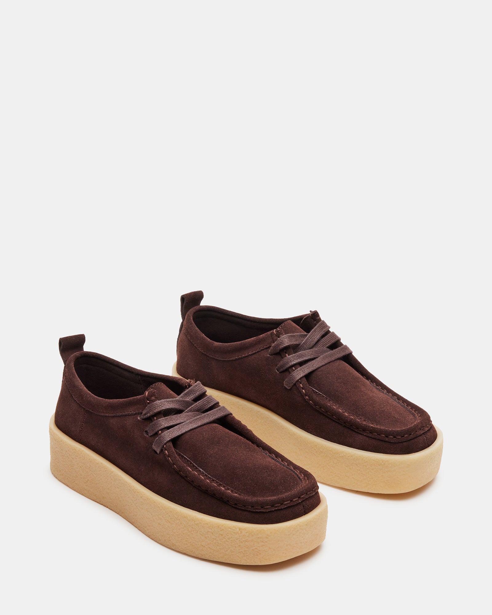 Close-up of the suede texture on womens platform loafers with wallabee style.