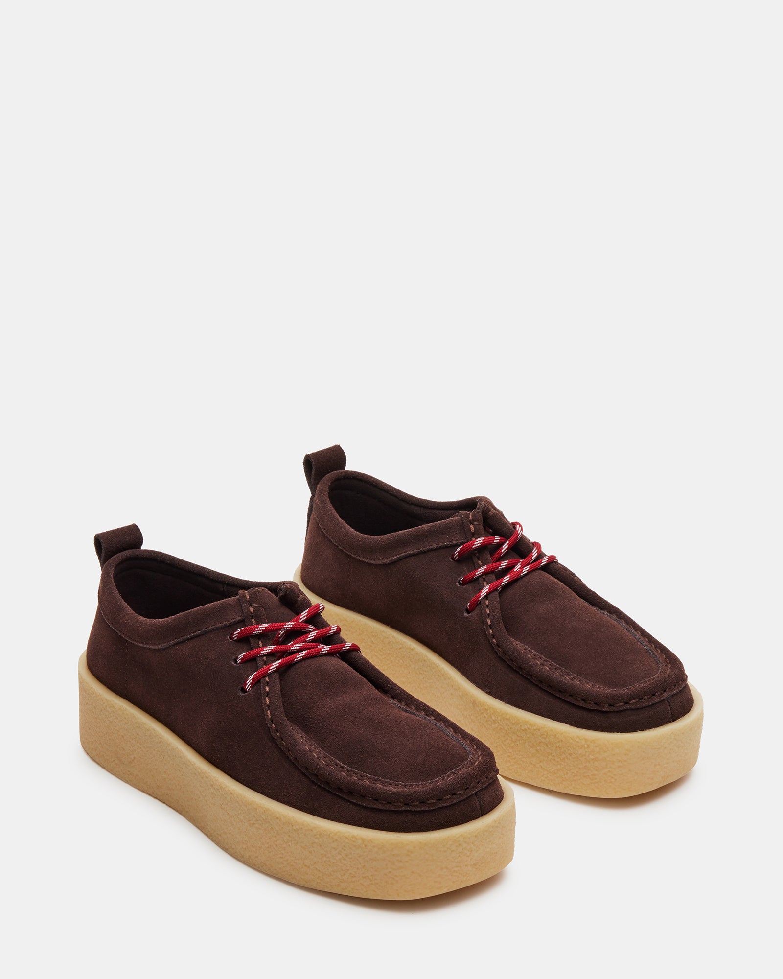 Side view of brown suede platform loafers for women, perfect for city outings.
