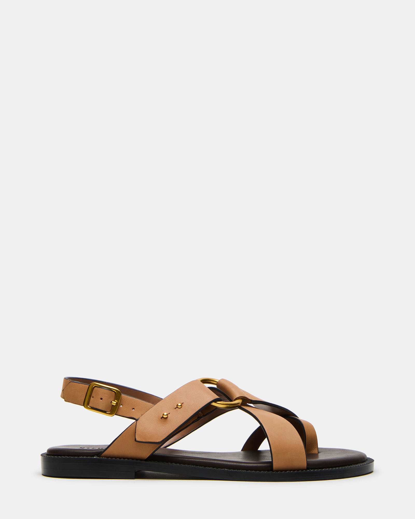 Close-up of Westway tan leather sandals showcasing the strap design