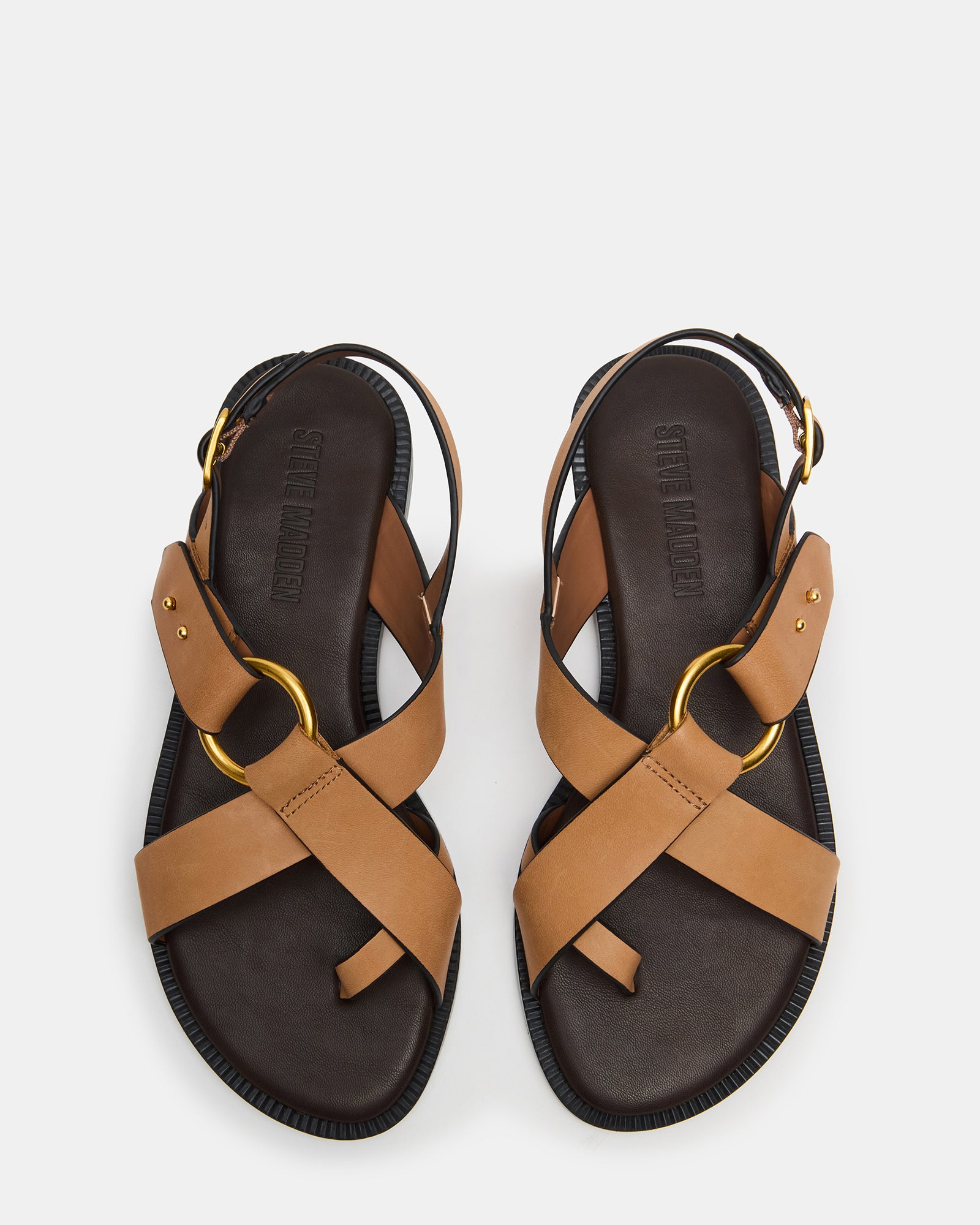 Close-up of Westway tan leather sandals showcasing the strap design