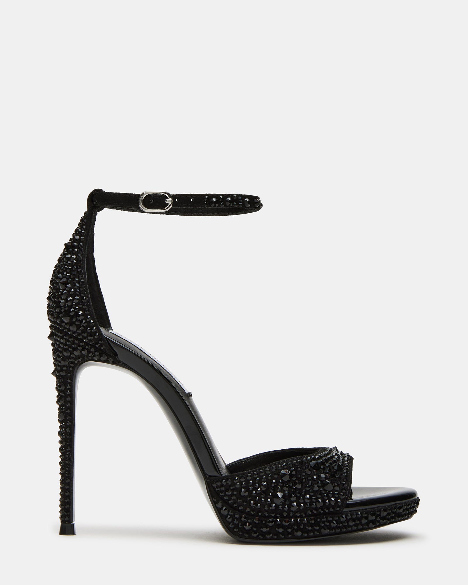 Black stiletto heels with rhinestones and ankle strap for women