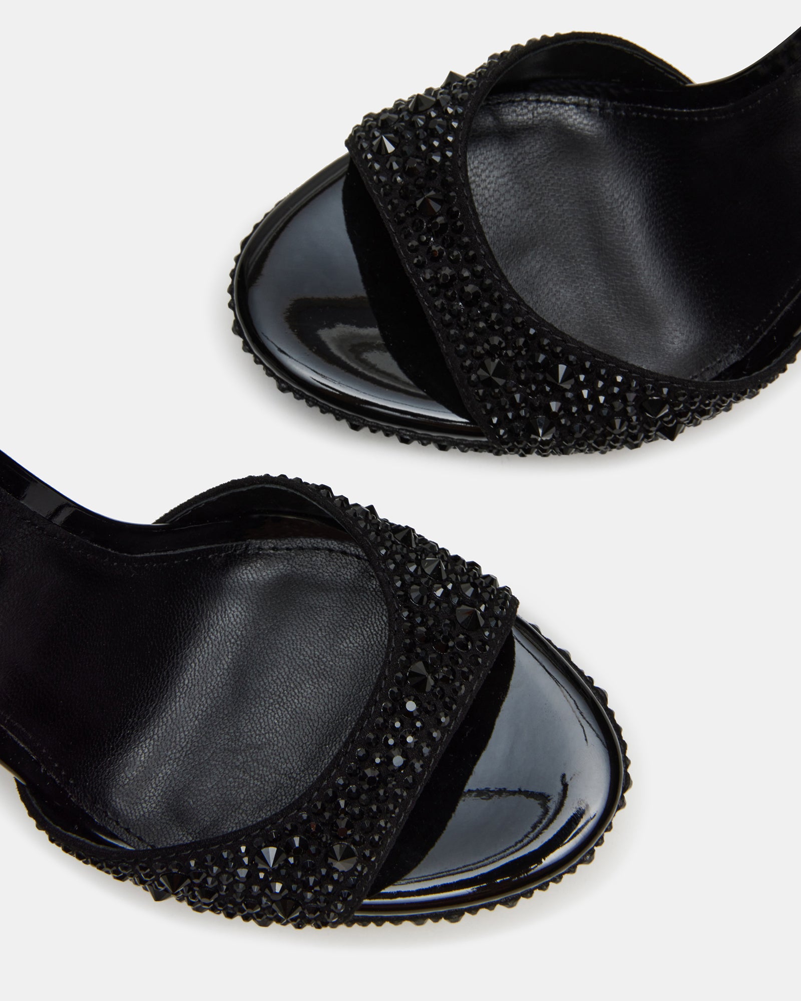Side view of WILEY rhinestone shoes showing heel height and design