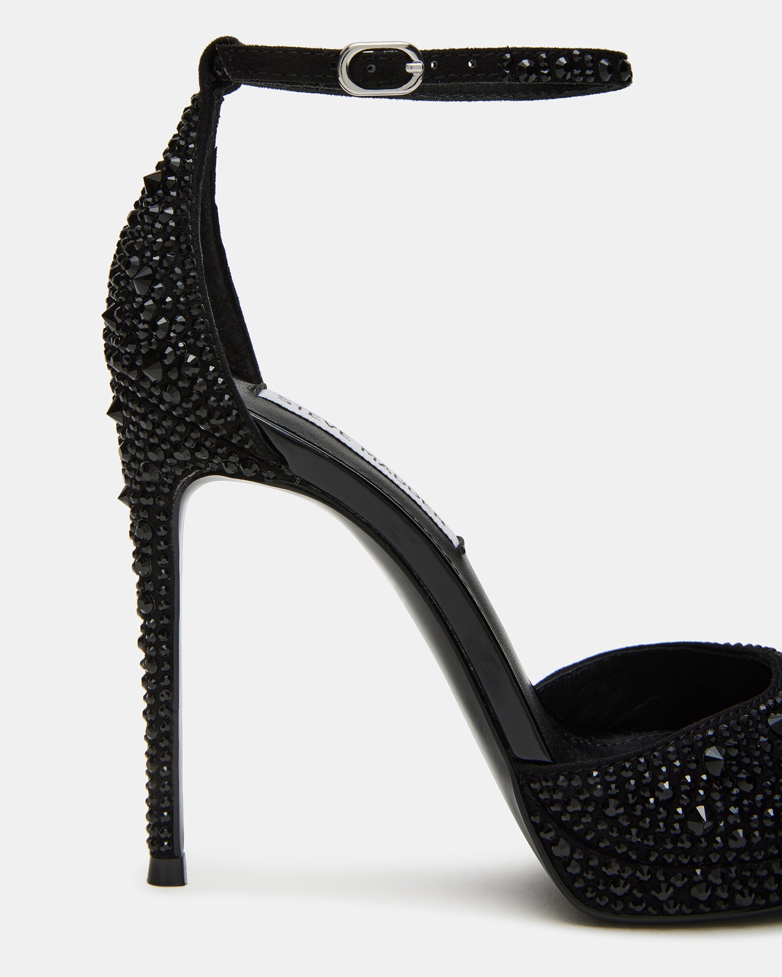 Black stiletto heels with rhinestones and ankle strap for women