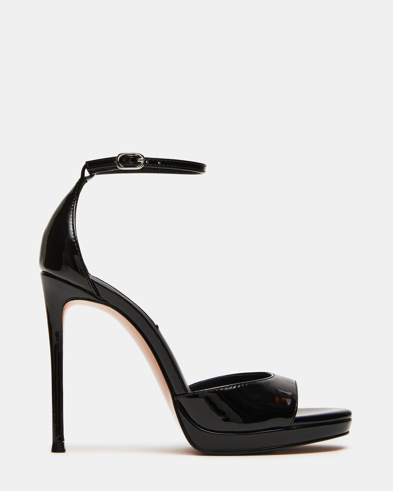 Black patent leather heels with ankle strap, side view