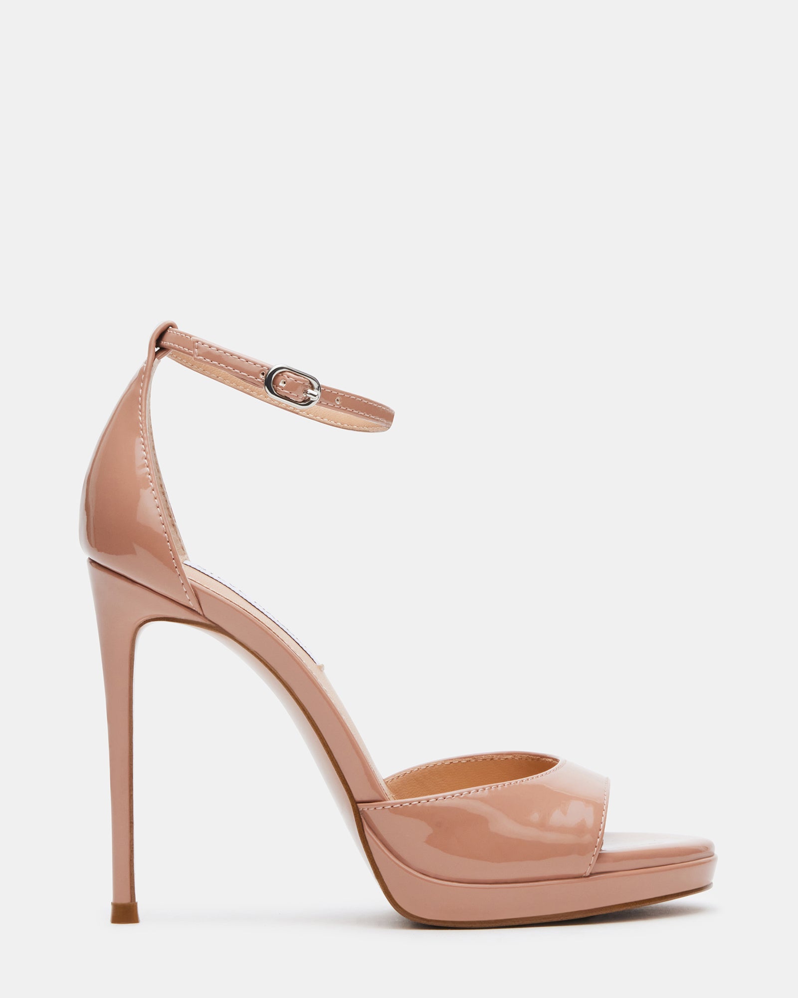 Side view of Wiley Blush Patent stiletto heels showcasing the ankle strap.