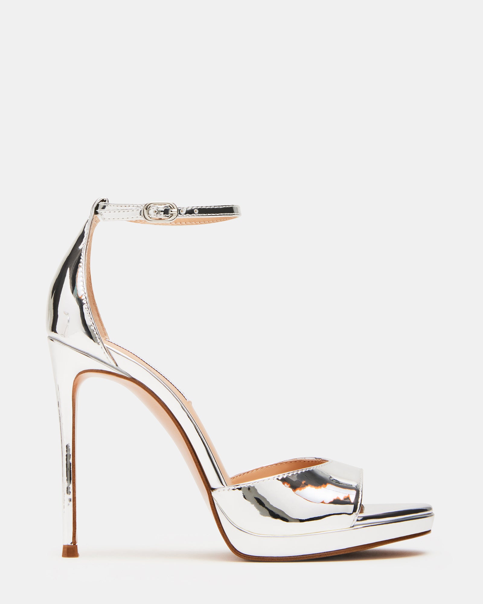 Side view of Wiley Silver stiletto heels, showcasing the ankle strap detail.