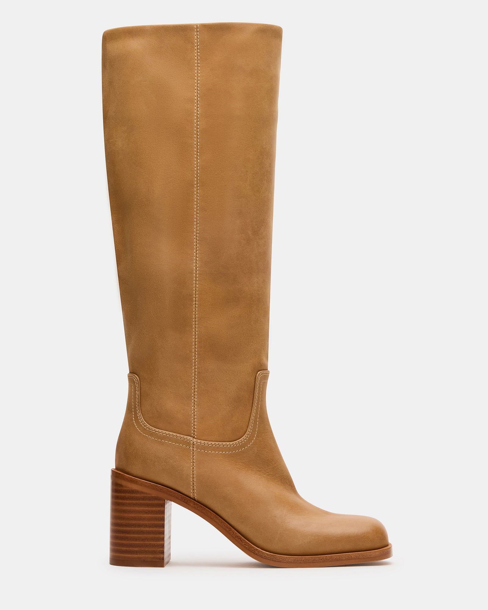 Side view of Woodstock Banana Leather knee-high boots with square toe design