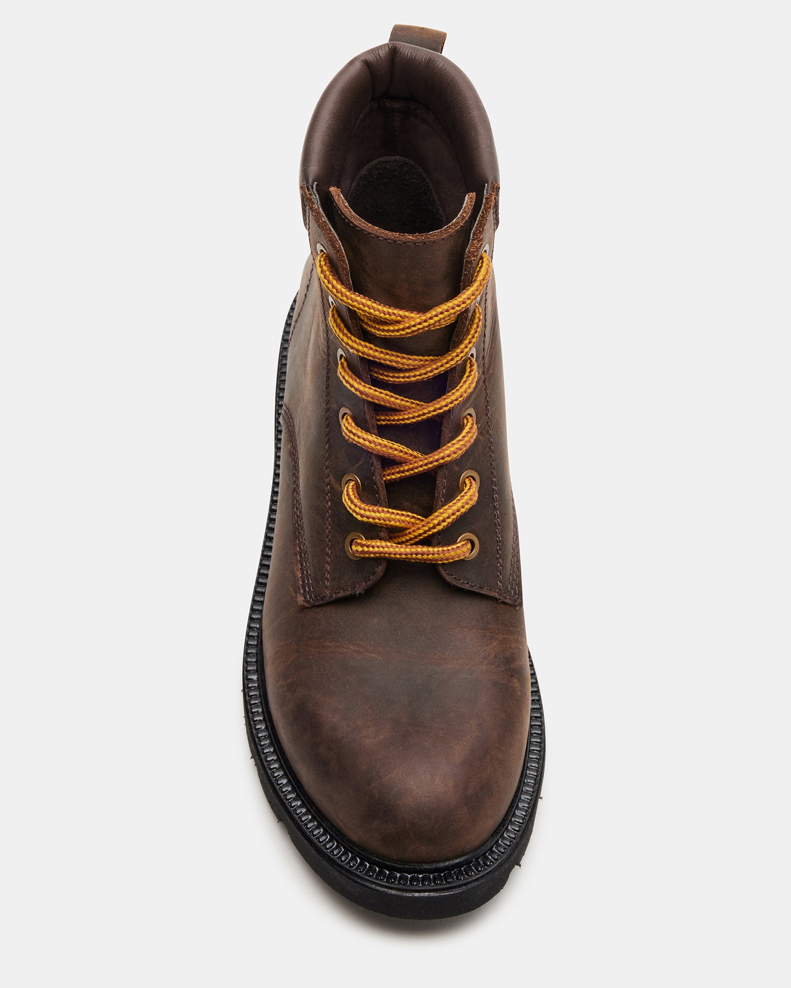 Front-facing view of womens ankle boots in brown leather for trail-ready style