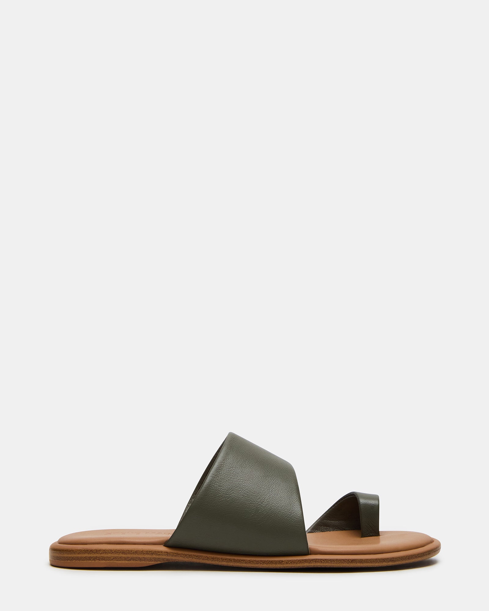 Top-down view of Zani olive leather slide sandals placed beside summer accessories