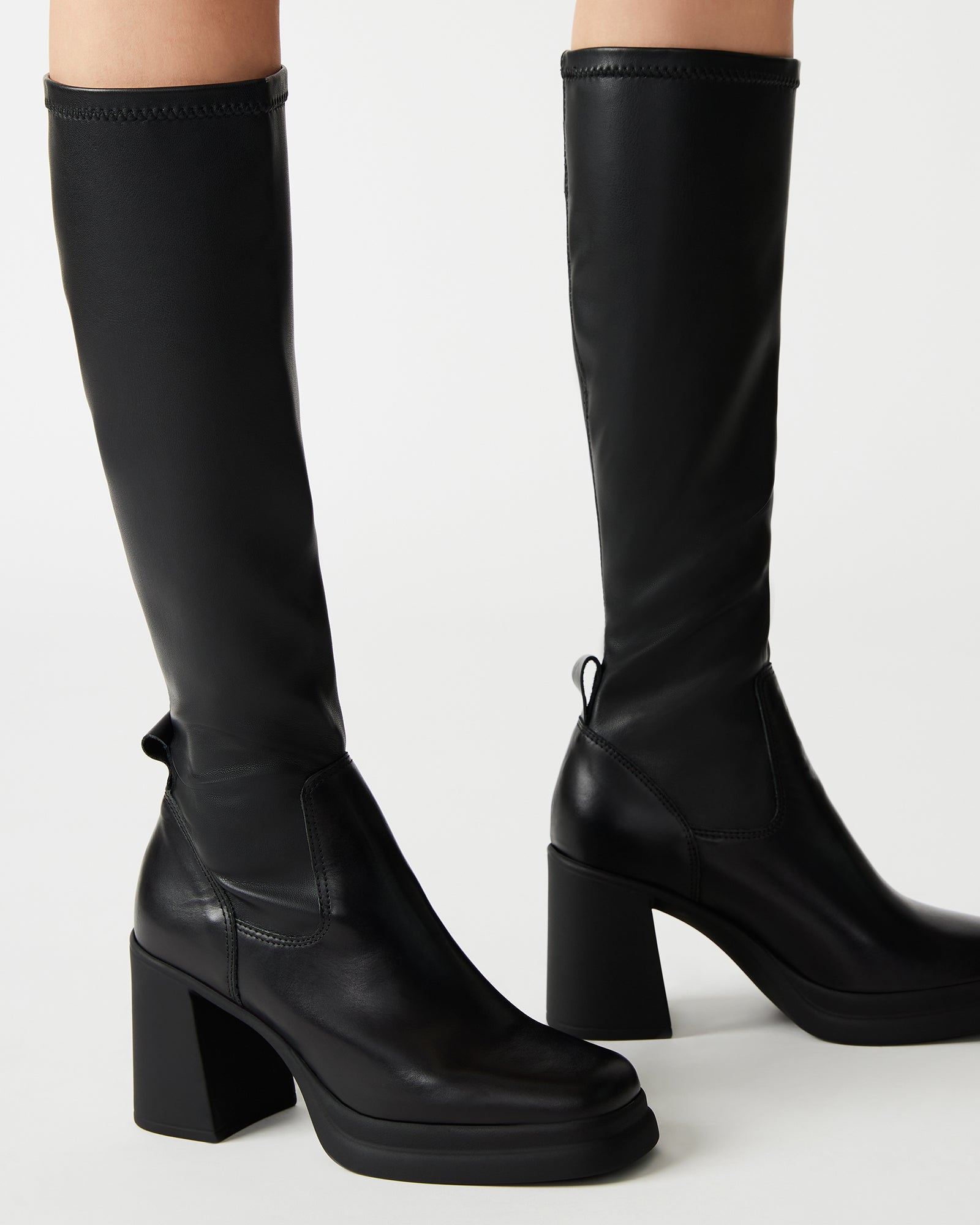 Close-up of the square toe and vegan leather texture on these knee boots