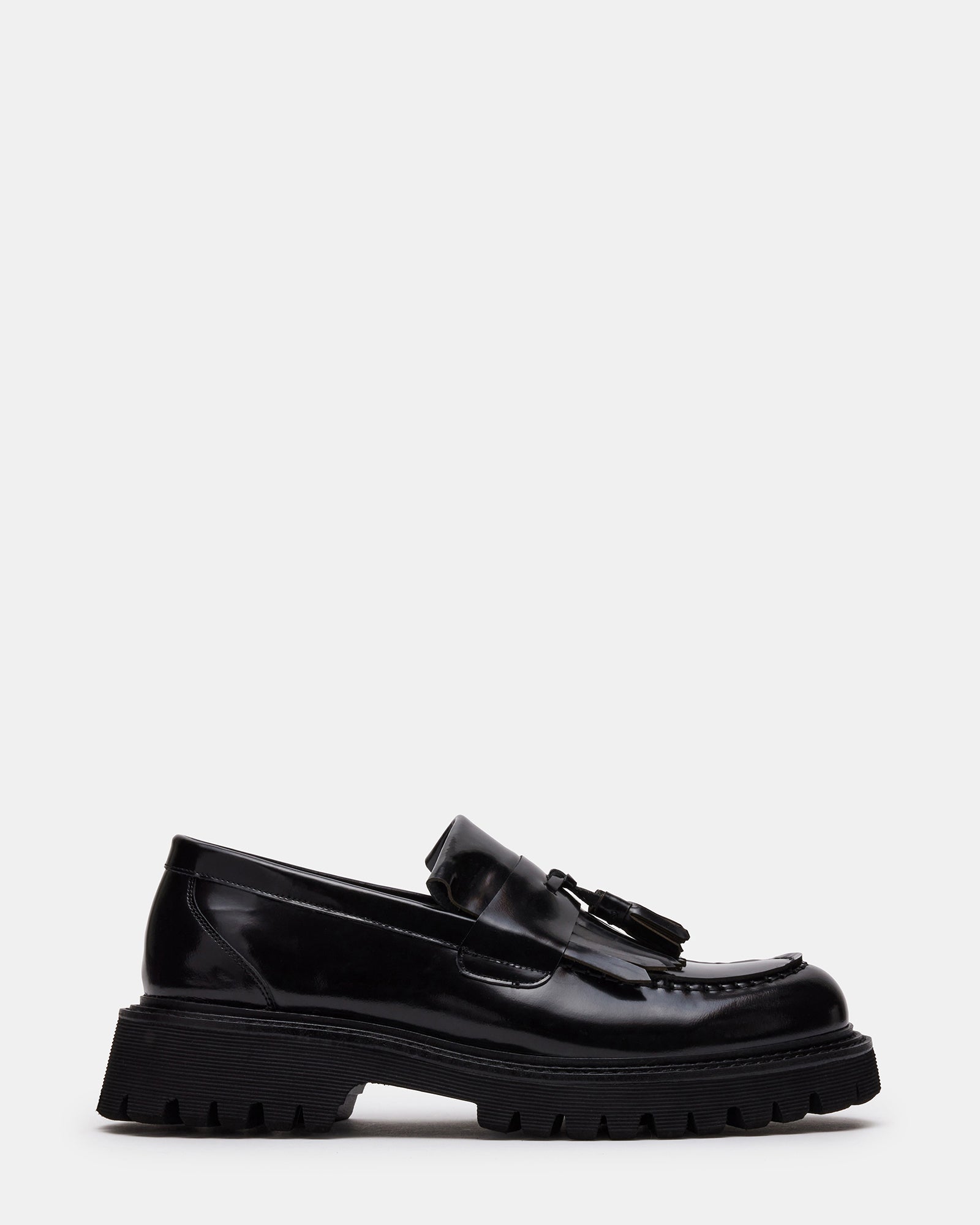 ZEV black leather loafers front view, showcasing tassel detail