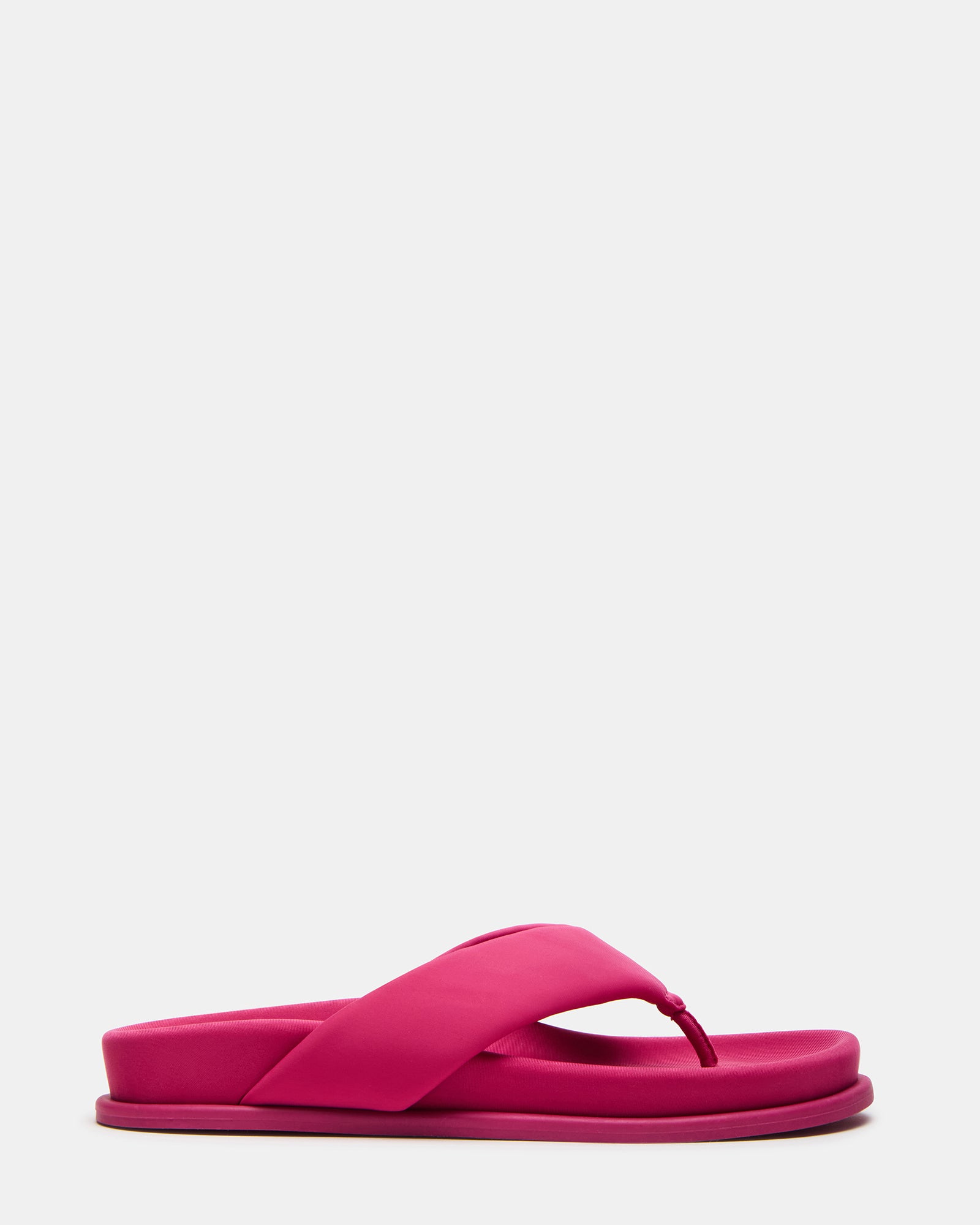 Side view of pink thong heeled sandals with 1-inch heel, ideal for casual wear
