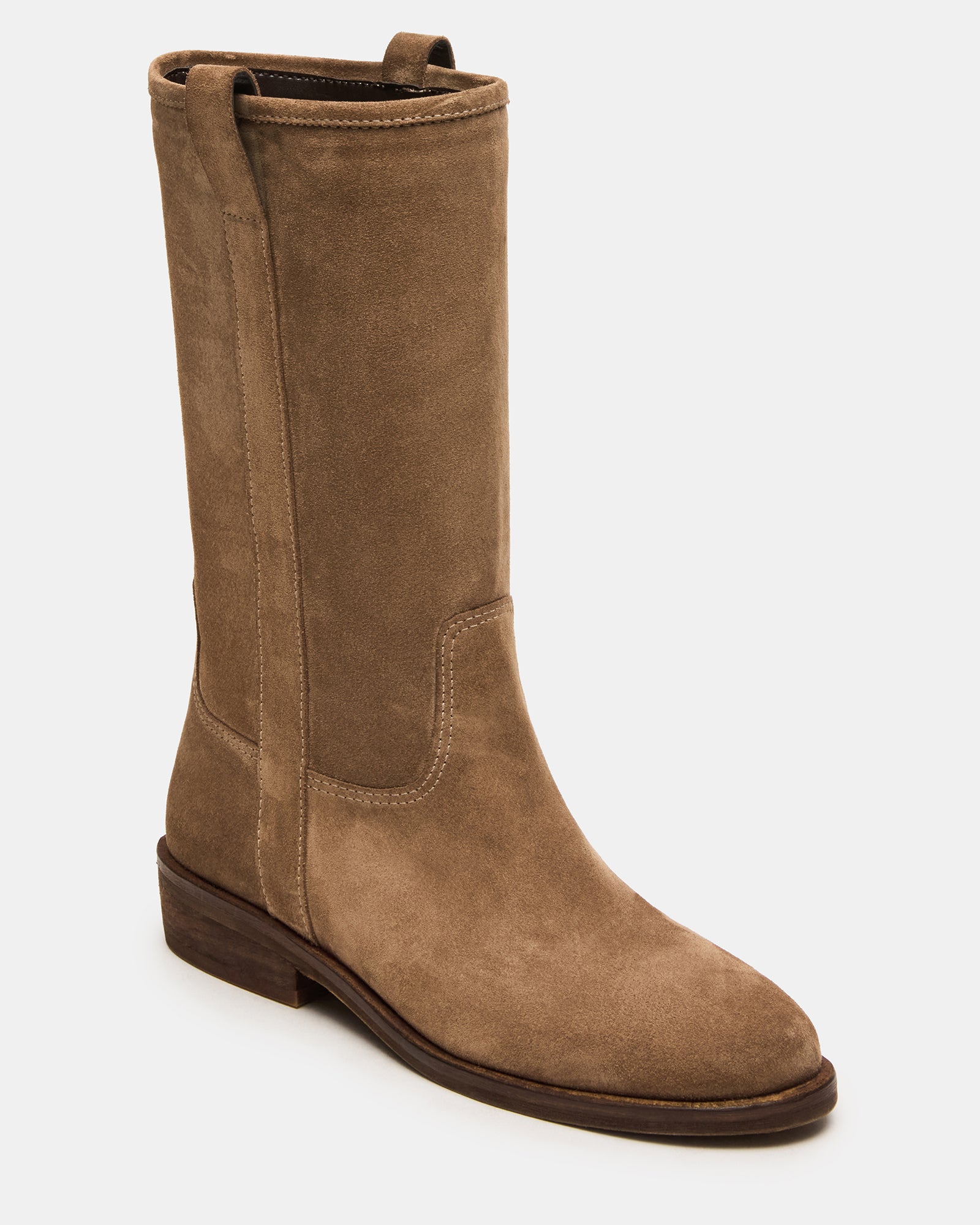 Side view of mens brown suede boots with wood sole detailing