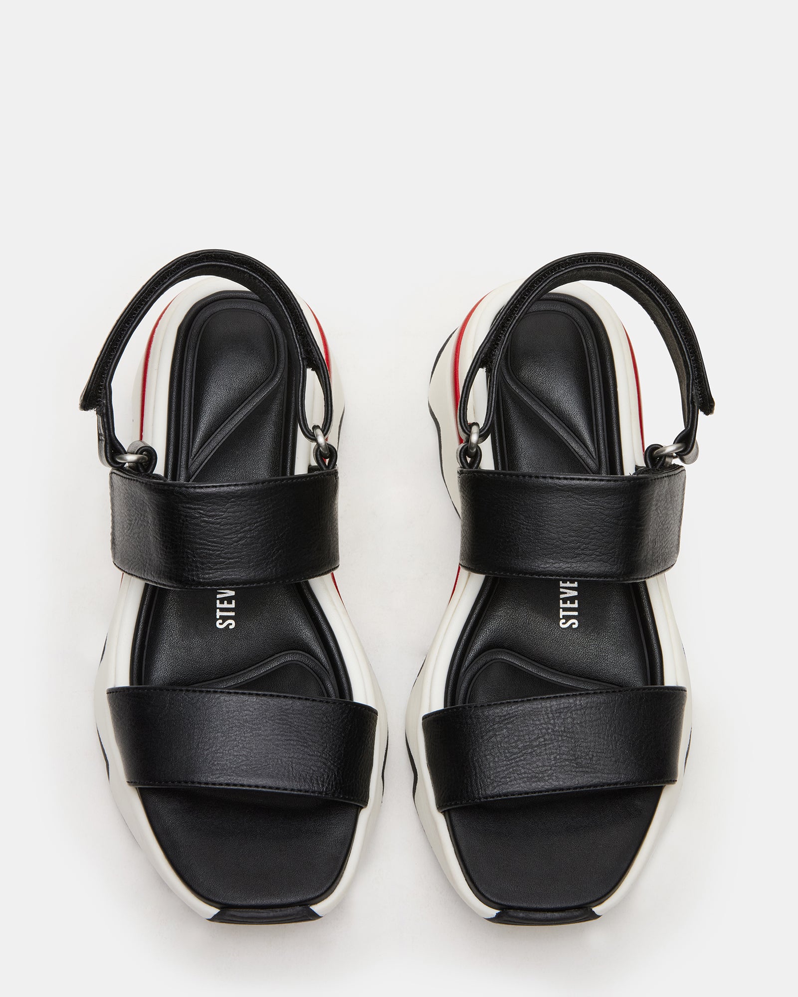 Side view of black vegan leather platform sandals with strappy design