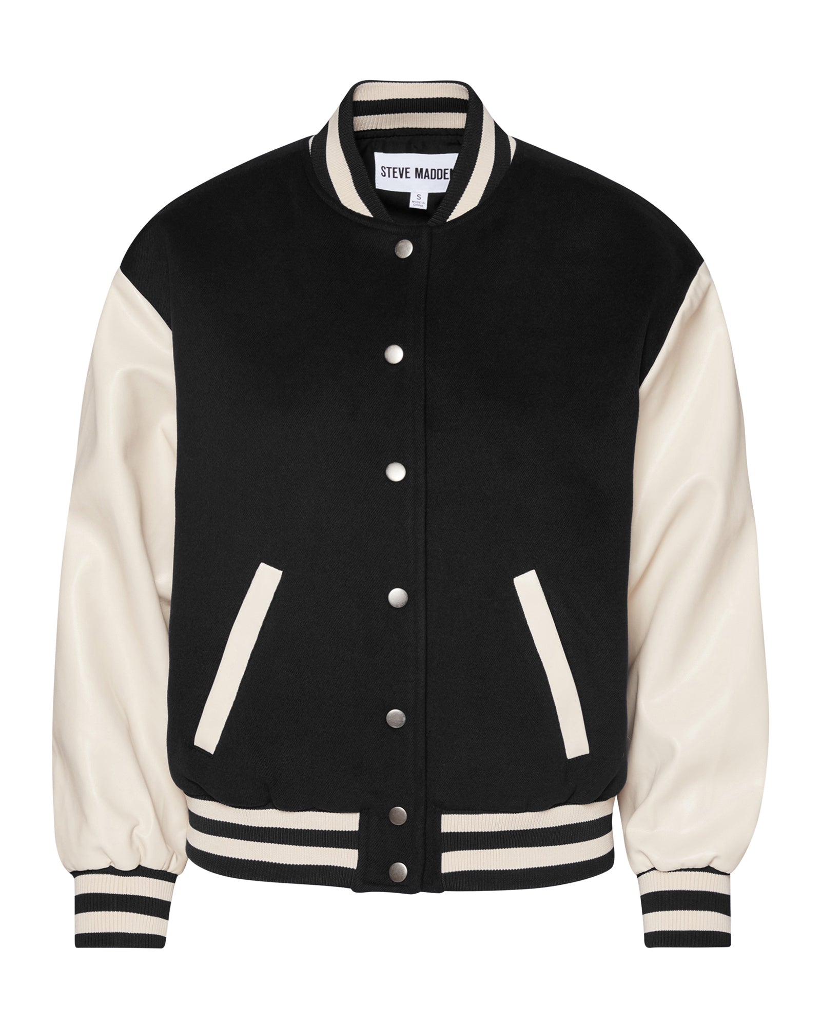 Close-up of the vegan leather sleeves on the Retro Varsity Black Bomber Jacket.